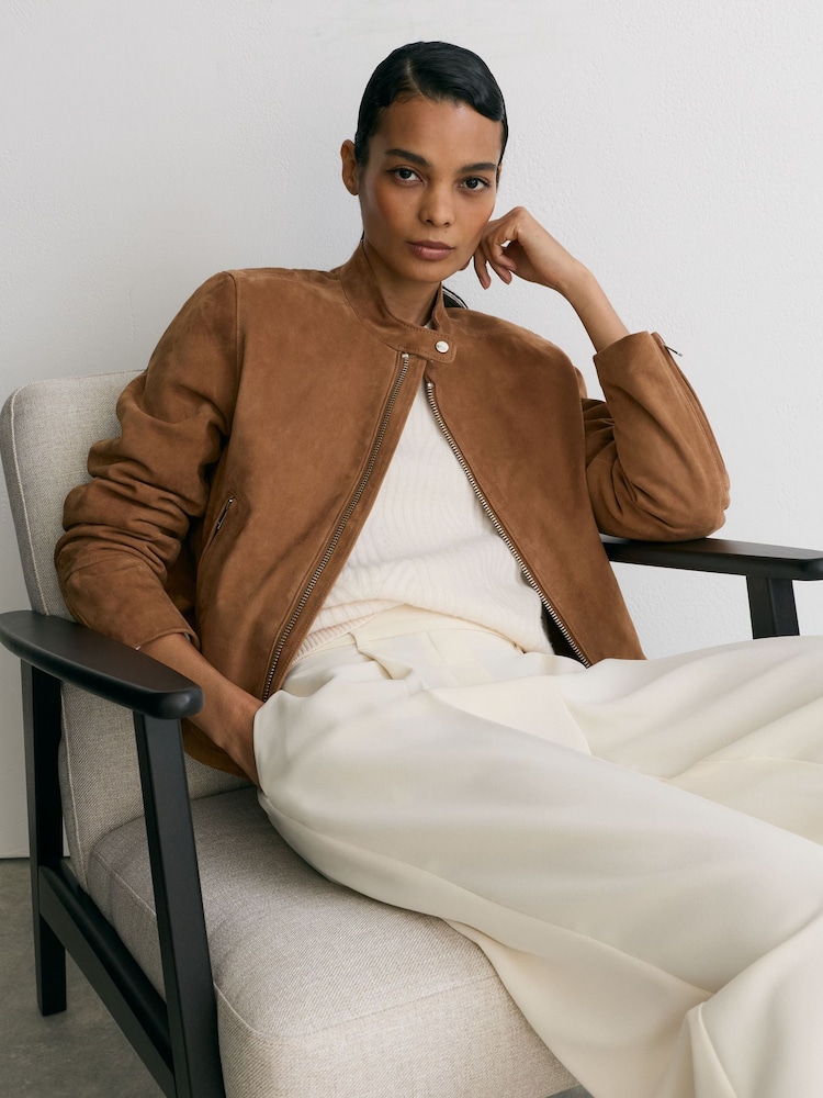 Reiss Cognac Brown Erin Petite Suede Stand-Collar Jacket - Image 1 of 9 Reiss Cognac Brown Erin Petite Suede Stand-Collar Jacket - Image 1 of 9
