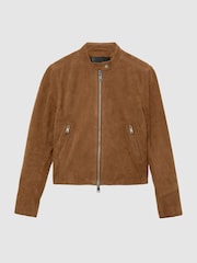 Reiss Cognac Brown Erin Petite Suede Stand-Collar Jacket - Image 2 of 9