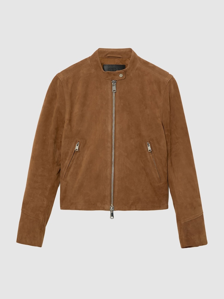 Reiss Cognac Brown Erin Petite Suede Stand-Collar Jacket - Image 2 of 9 Reiss Cognac Brown Erin Petite Suede Stand-Collar Jacket - Image 2 of 9