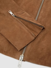Reiss Cognac Brown Erin Petite Suede Stand-Collar Jacket - Image 8 of 9