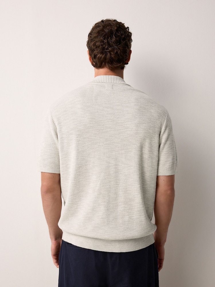 Neutral Regular Fit Cotton Rich Short Sleeve Knit Polo Shirt with Linen - Image 3 of 7