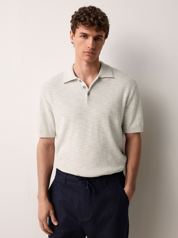 Neutral Regular Fit Cotton Rich Short Sleeve Knit Polo Shirt with Linen - Image 4 of 7