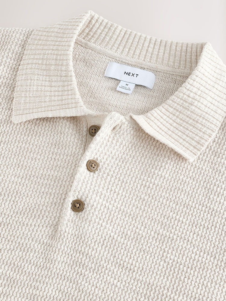 Neutral Regular Fit Cotton Rich Short Sleeve Knit Polo Shirt with Linen - Image 6 of 7