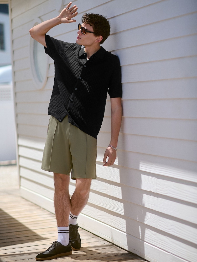 Black Relaxed Fit 100% Cotton Short Sleeve Textured Knit Button-Through Polo Shirt - Image 2 of 8 Black Relaxed Fit 100% Cotton Short Sleeve Textured Knit Button-Through Polo Shirt - Image 2 of 8