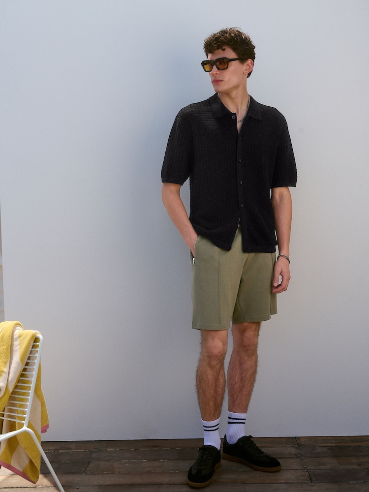 Black Relaxed Fit 100% Cotton Short Sleeve Textured Knit Button-Through Polo Shirt - Image 4 of 8