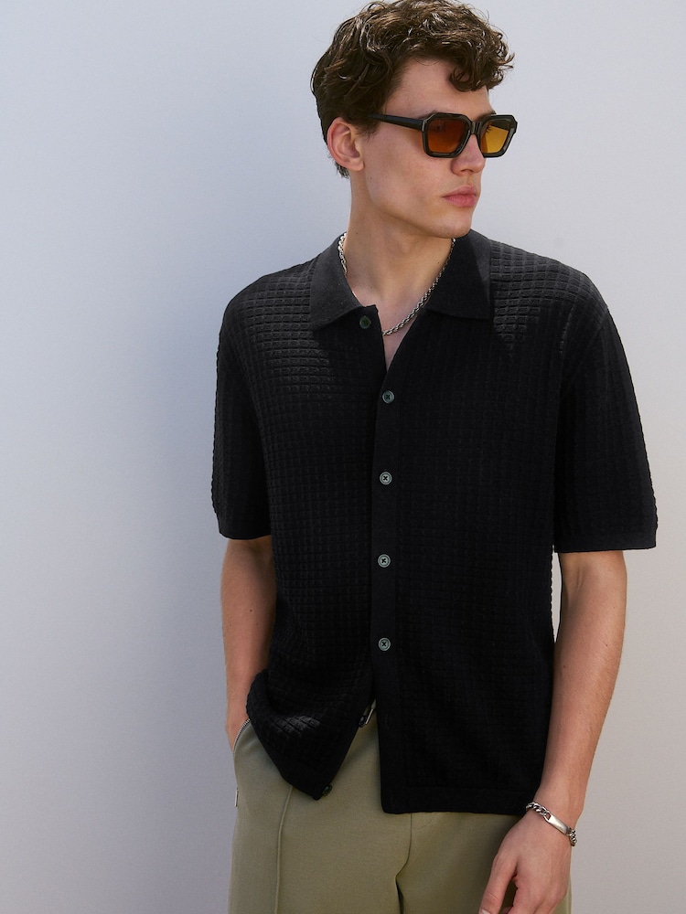 Black Relaxed Fit 100% Cotton Short Sleeve Textured Knit Button-Through Polo Shirt - Image 5 of 8