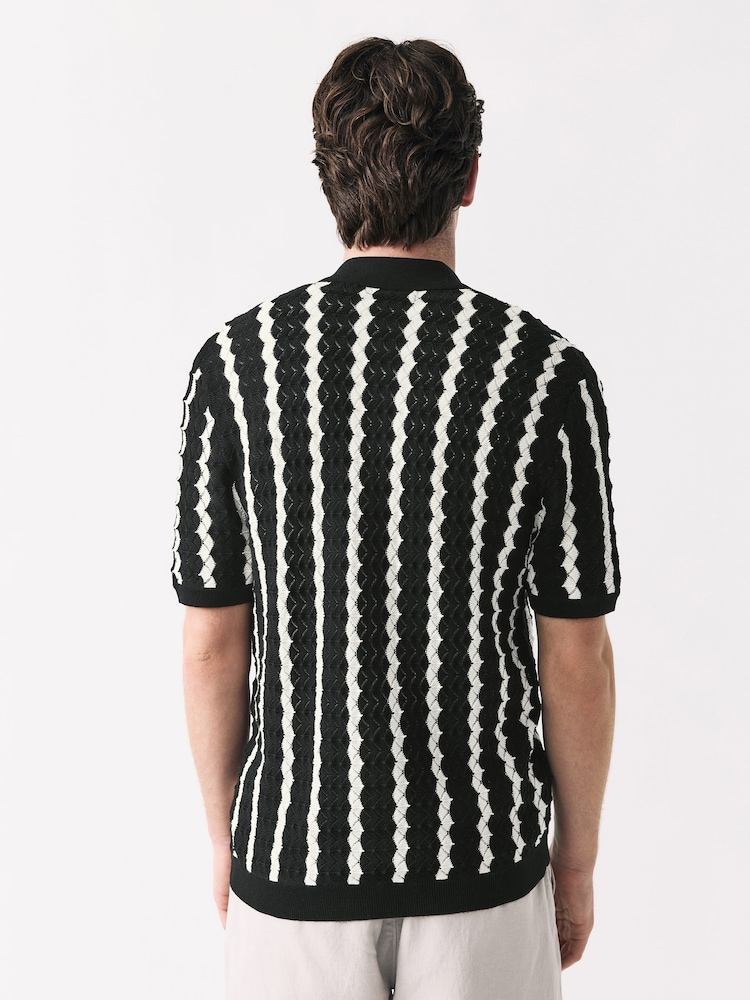 Black & White Stripe Button-Through Polo Shirt - Image 2 of 7