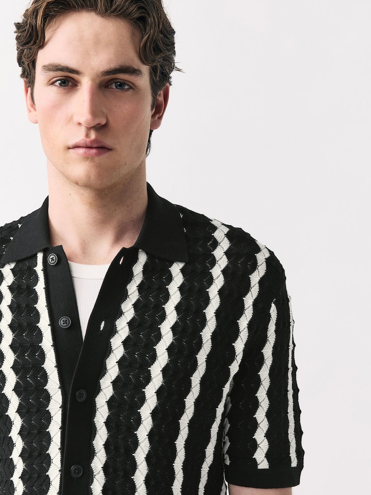 Black & White Stripe Button-Through Polo Shirt - Image 4 of 7