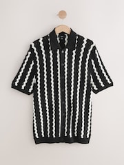 Black & White Stripe Button-Through Polo Shirt - Image 5 of 7