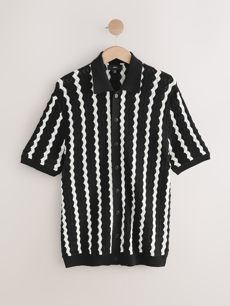 Black & White Stripe Button-Through Polo Shirt - Image 5 of 7