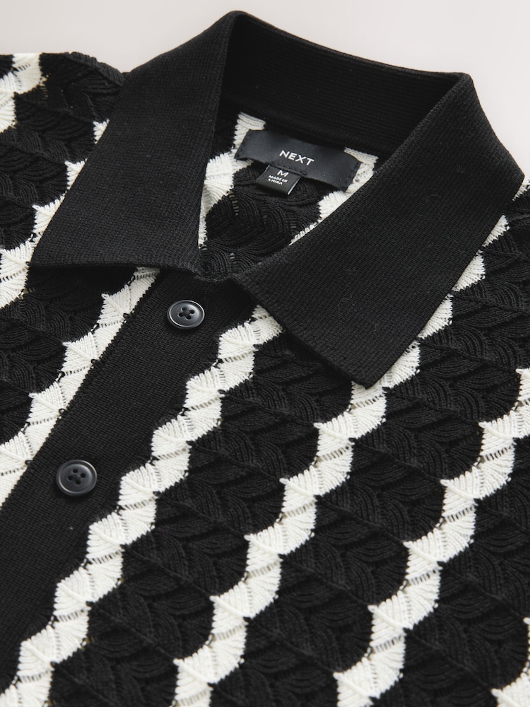Black & White Stripe Button-Through Polo Shirt - Image 6 of 7