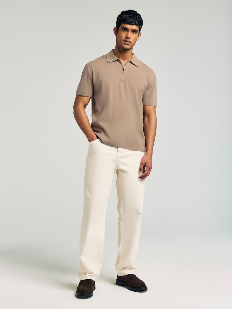 Truffle Brown Quarter Zip Relaxed Fit Premium Short Sleeve Knit Polo Shirt - Image 3 of 7