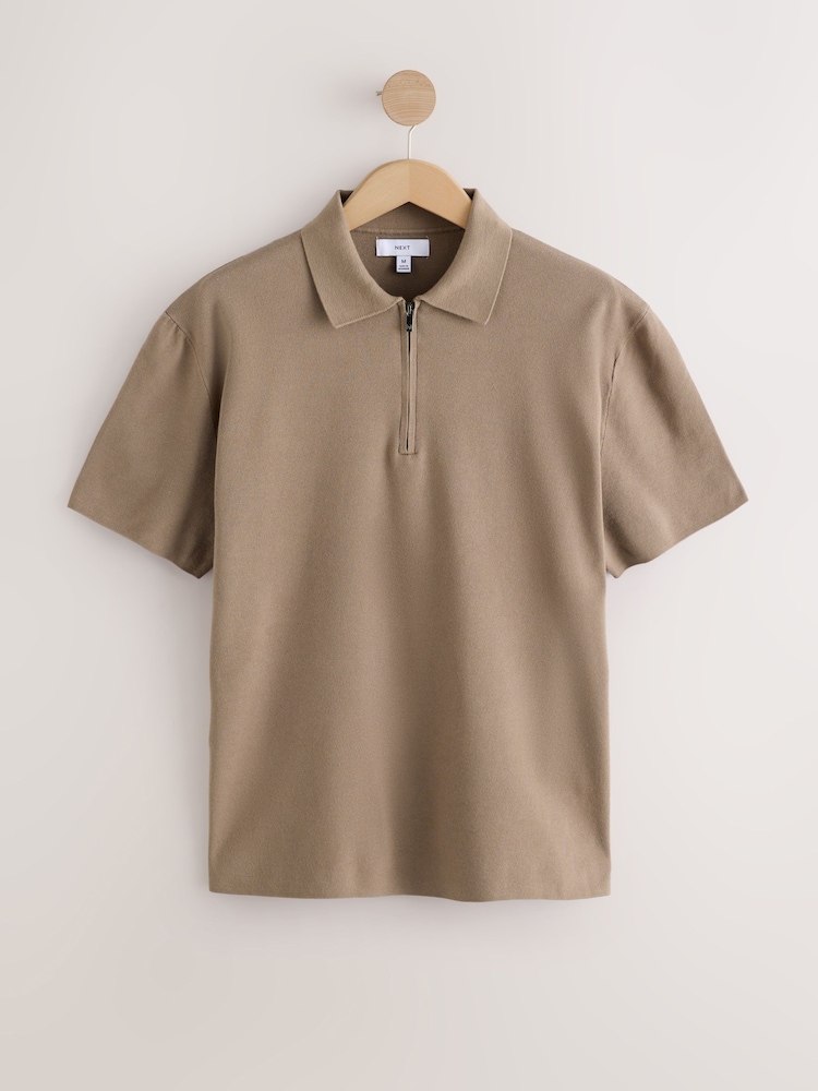 Truffle Brown Quarter Zip Relaxed Fit Premium Short Sleeve Knit Polo Shirt - Image 5 of 7