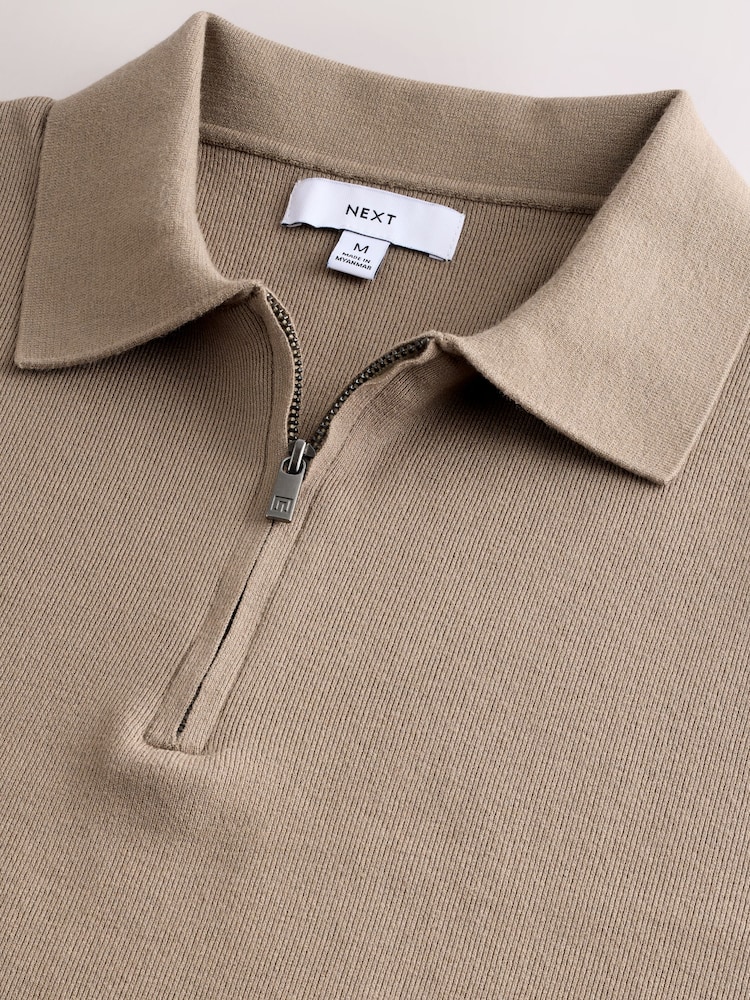 Truffle Brown Quarter Zip Relaxed Fit Premium Short Sleeve Knit Polo Shirt - Image 6 of 7