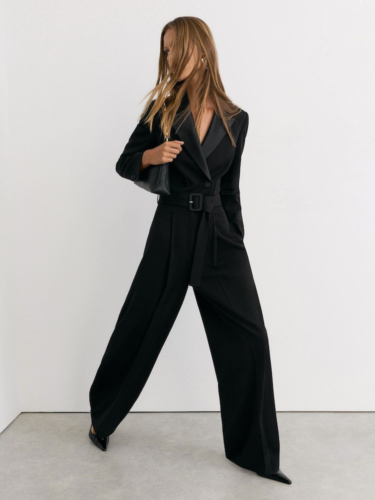 Reiss Black Remi Petite Tuxedo Wide-Leg Belted Jumpsuit - Image 1 of 11 Reiss Black Remi Petite Tuxedo Wide-Leg Belted Jumpsuit - Image 1 of 11