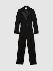 Reiss Black Remi Petite Tuxedo Wide-Leg Belted Jumpsuit - Image 2 of 11