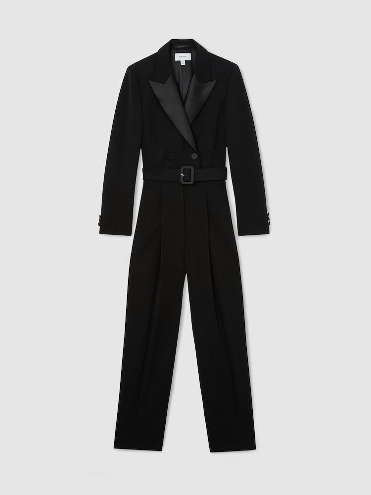 Reiss Black Remi Petite Tuxedo Wide-Leg Belted Jumpsuit - Image 2 of 11 Reiss Black Remi Petite Tuxedo Wide-Leg Belted Jumpsuit - Image 2 of 11