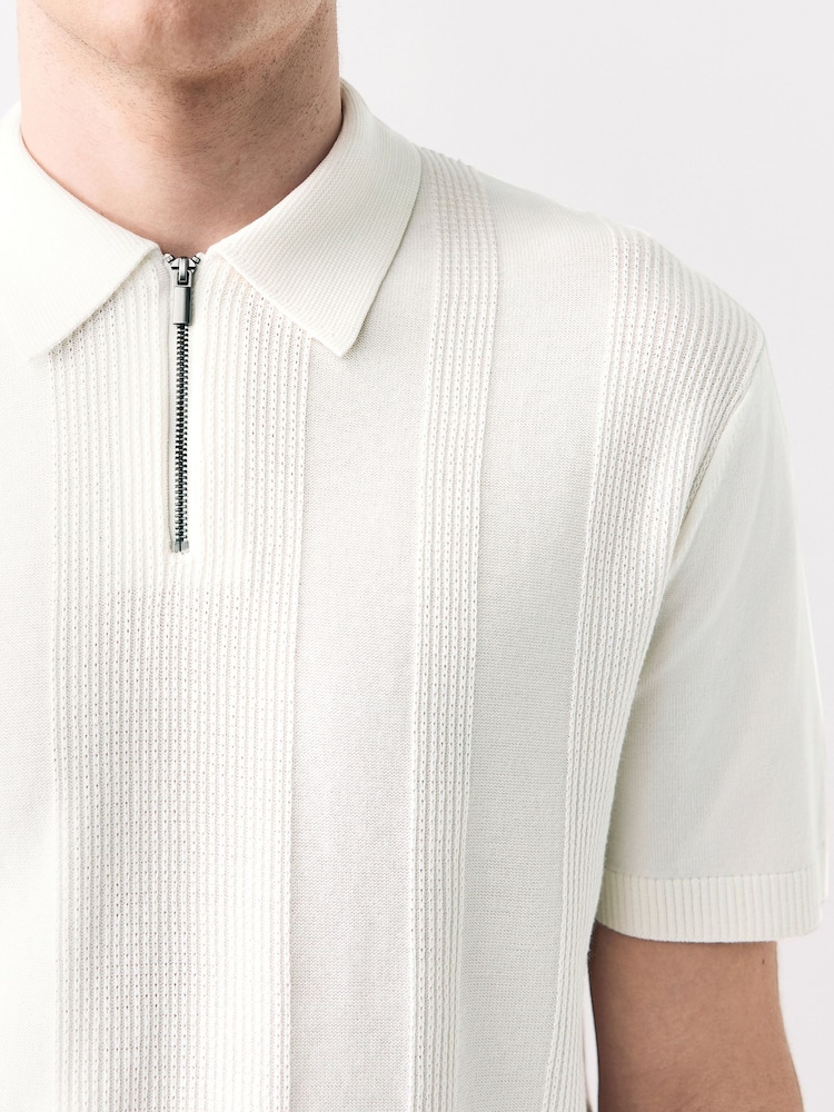 White Regular Fit Cotton Rich Textured Knit Quarter Zip Polo Shirt - Image 5 of 8