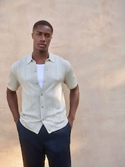 Light Grey Regular Fit Silk Rich Signature Short Sleeve Pointelle Knit Button-Through Polo Shirt - Image 1 of 6