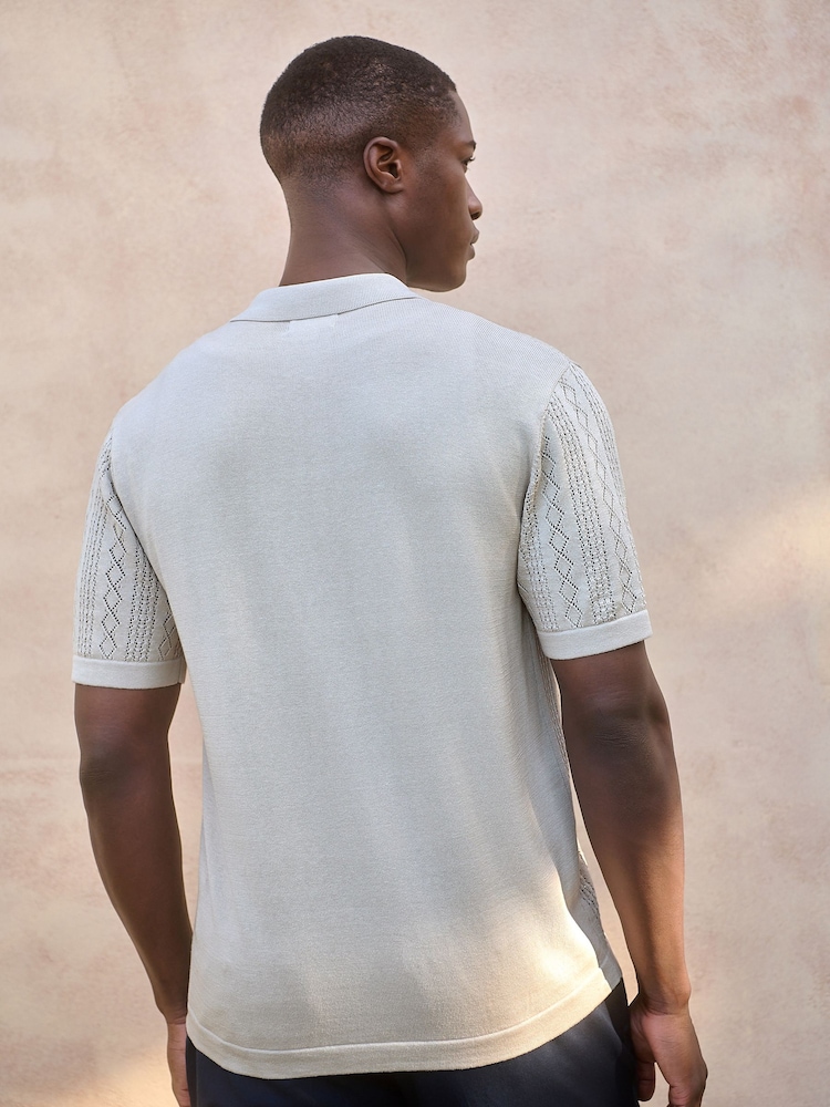 Light Grey Regular Fit Silk Rich Signature Short Sleeve Pointelle Knit Button-Through Polo Shirt - Image 2 of 6