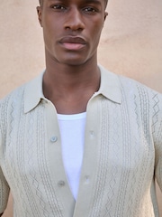 Light Grey Regular Fit Silk Rich Signature Short Sleeve Pointelle Knit Button-Through Polo Shirt - Image 3 of 6