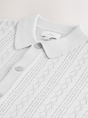 Light Grey Regular Fit Silk Rich Signature Short Sleeve Pointelle Knit Button-Through Polo Shirt - Image 5 of 6