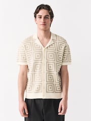 Neutral Relaxed Fit Short Sleeve Geometric Pattern Knit Shirt with Cuban Collar - Image 1 of 8