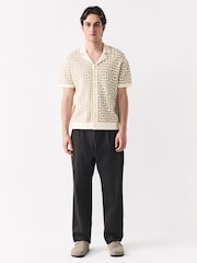 Neutral Relaxed Fit Short Sleeve Geometric Pattern Knit Shirt with Cuban Collar - Image 2 of 8