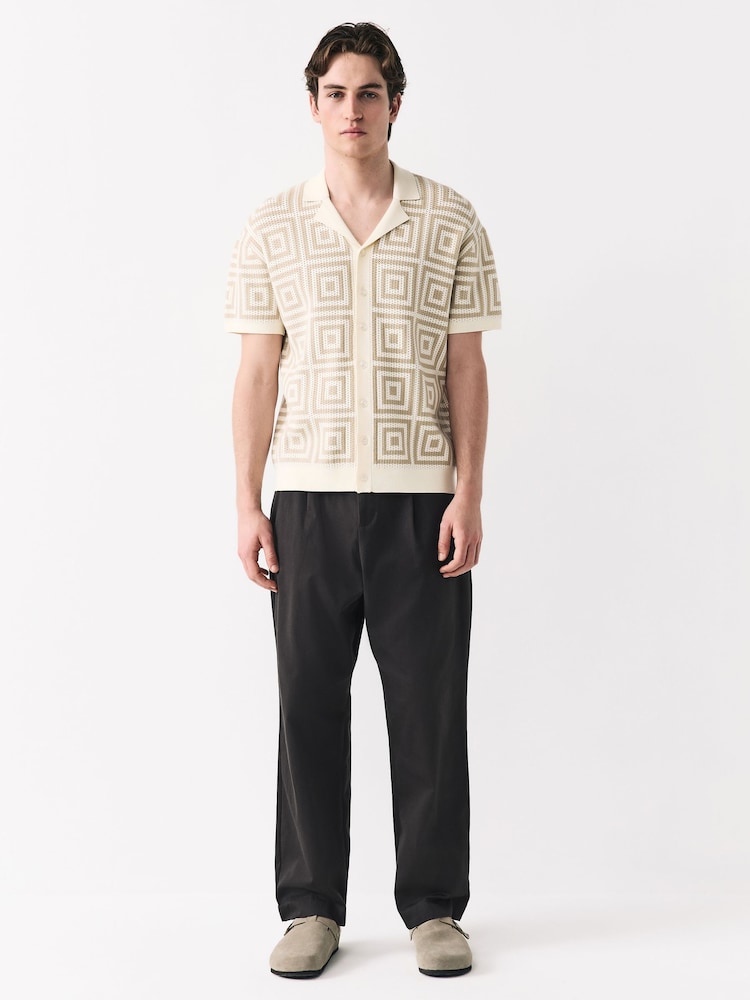 Neutral Relaxed Fit Short Sleeve Geometric Pattern Knit Shirt with Cuban Collar - Image 2 of 8