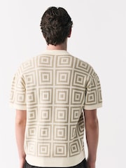 Neutral Relaxed Fit Short Sleeve Geometric Pattern Knit Shirt with Cuban Collar - Image 3 of 8