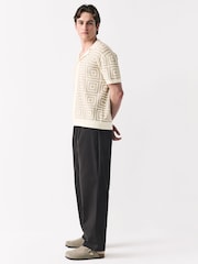 Neutral Relaxed Fit Short Sleeve Geometric Pattern Knit Shirt with Cuban Collar - Image 4 of 8