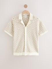 Neutral Relaxed Fit Short Sleeve Geometric Pattern Knit Shirt with Cuban Collar - Image 6 of 8