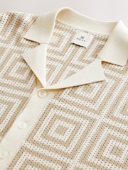 Neutral Relaxed Fit Short Sleeve Geometric Pattern Knit Shirt with Cuban Collar - Image 7 of 8