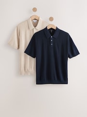 Navy Blue/Neutral Regular Fit Cotton Rich Short Sleeve Textured Knit Polo Shirt 2 Pack - Image 1 of 11