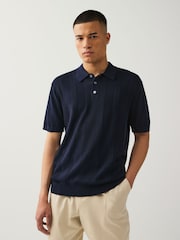 Navy Blue/Neutral Regular Fit Cotton Rich Short Sleeve Textured Knit Polo Shirt 2 Pack - Image 2 of 11