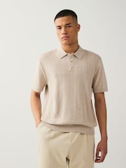 Navy Blue/Neutral Regular Fit Cotton Rich Short Sleeve Textured Knit Polo Shirt 2 Pack - Image 6 of 11