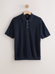 Navy Blue/Neutral Regular Fit Cotton Rich Short Sleeve Textured Knit Polo Shirt 2 Pack - Image 7 of 11