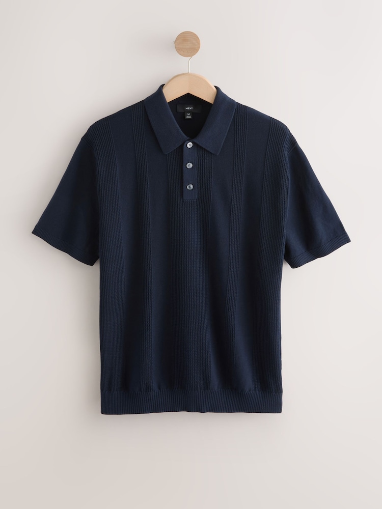 Marineblauw/naturel - Regular fit poloshirt met hoog katoengehalte, korte mouwen en gestructureerd breisel 2 stuks - Image 7 of 11