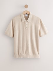 Navy Blue/Neutral Regular Fit Cotton Rich Short Sleeve Textured Knit Polo Shirt 2 Pack - Image 8 of 11