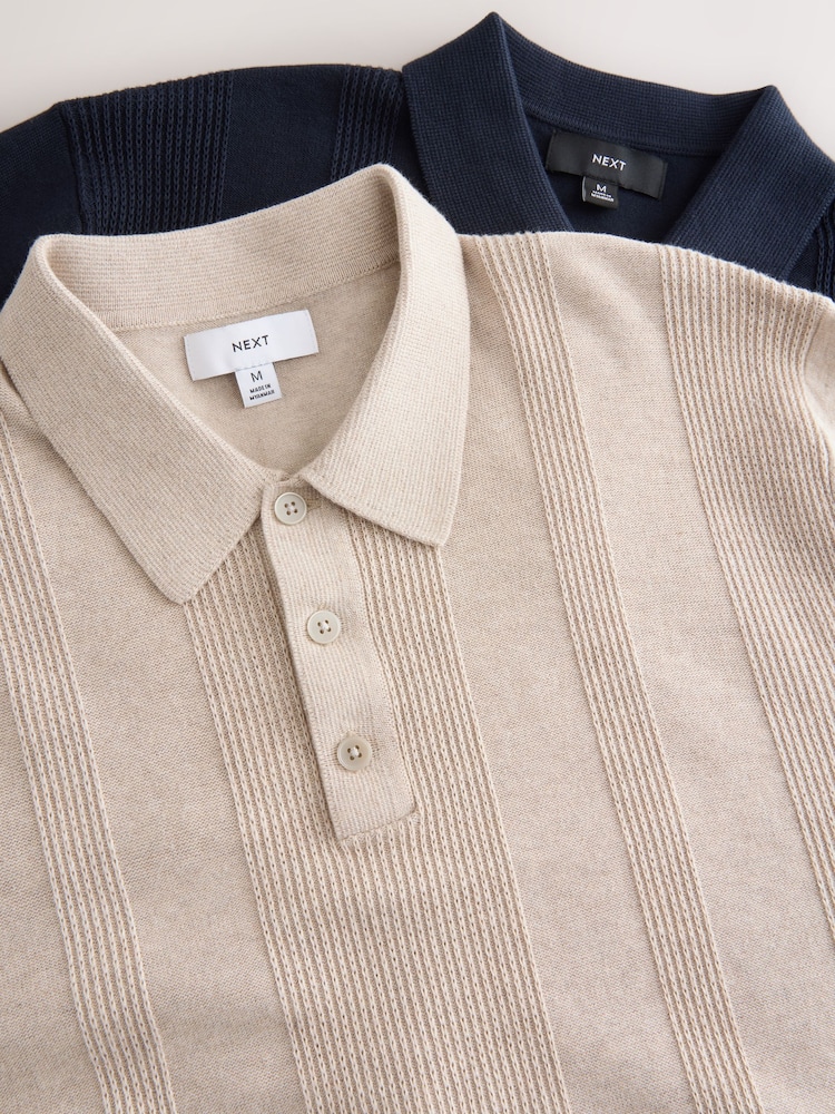 Marineblauw/naturel - Regular fit poloshirt met hoog katoengehalte, korte mouwen en gestructureerd breisel 2 stuks - Image 9 of 11