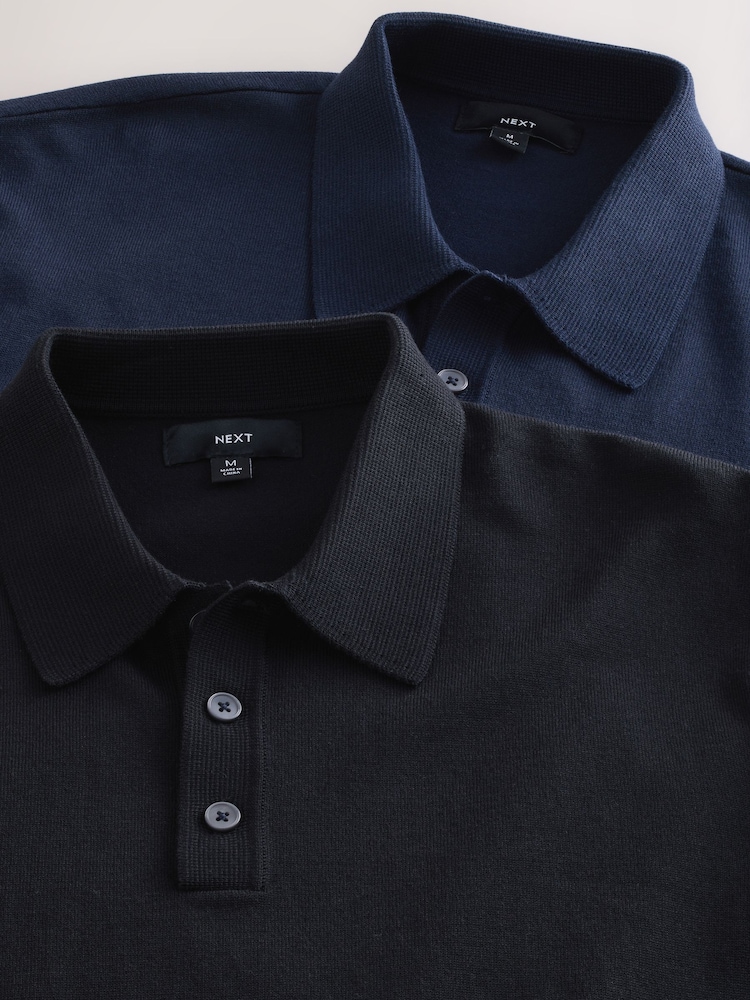 Navy Blue/Black Regular Fit Cotton Rich Short Sleeve Knit Polo Shirt 2 Pack - Image 1 of 6
