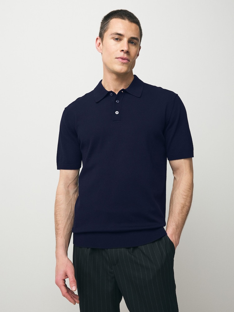 Navy Blue/Black Regular Fit Cotton Rich Short Sleeve Knit Polo Shirt 2 Pack - Image 2 of 6