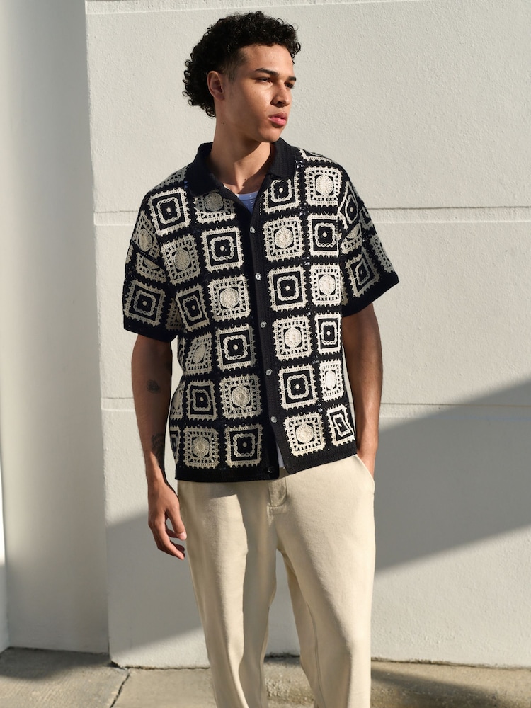 Black/Ecru White Relaxed Fit Cotton Rich Short Sleeve Knit Crochet Pattern Button-Through Polo Shirt - Image 1 of 4