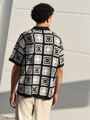 Black/Ecru White Relaxed Fit Cotton Rich Short Sleeve Knit Crochet Pattern Button-Through Polo Shirt - Image 3 of 4