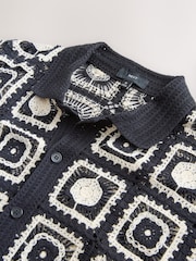 Black/Ecru White Relaxed Fit Cotton Rich Short Sleeve Knit Crochet Pattern Button-Through Polo Shirt - Image 6 of 7