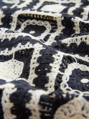 Black/Ecru White Relaxed Fit Cotton Rich Short Sleeve Knit Crochet Pattern Button-Through Polo Shirt - Image 7 of 7
