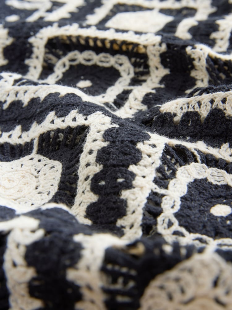 Black/Ecru White Relaxed Fit Cotton Rich Short Sleeve Knit Crochet Pattern Button-Through Polo Shirt - Image 7 of 7
