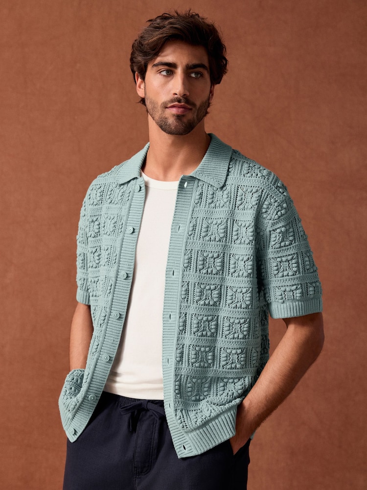 Light Blue Relaxed Fit Cotton Rich Short Sleeve Flower Crochet Knit Button-Through Polo Shirt - Image 2 of 9 Light Blue Relaxed Fit Cotton Rich Short Sleeve Flower Crochet Knit Button-Through Polo Shirt - Image 2 of 9
