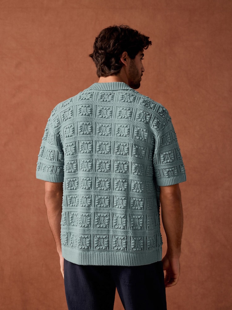 Light Blue Relaxed Fit Cotton Rich Short Sleeve Flower Crochet Knit Button-Through Polo Shirt - Image 3 of 9