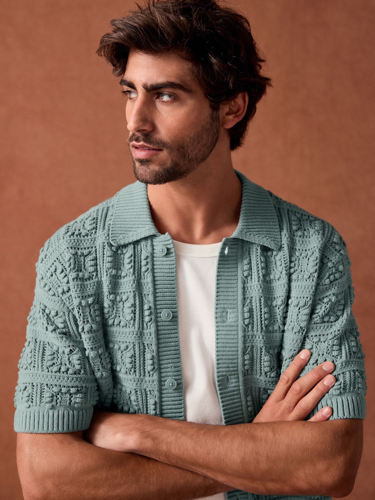 Light Blue Relaxed Fit Cotton Rich Short Sleeve Flower Crochet Knit Button-Through Polo Shirt - Image 5 of 9